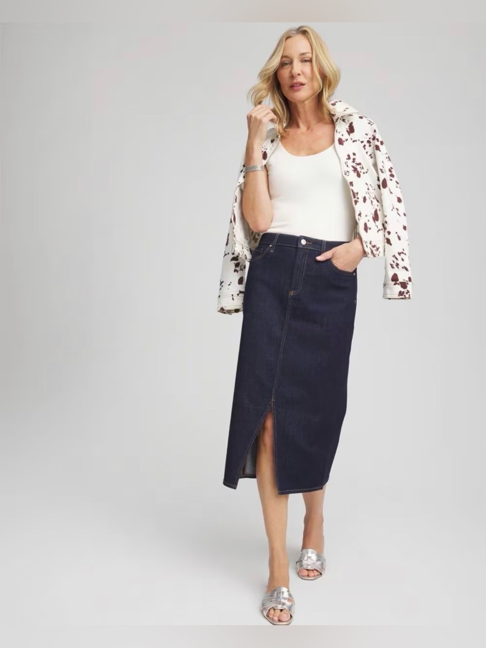 Chico's High-Rise Straight Stretch Denim Skirt Fly Front Dark Blue Size 2 US 12